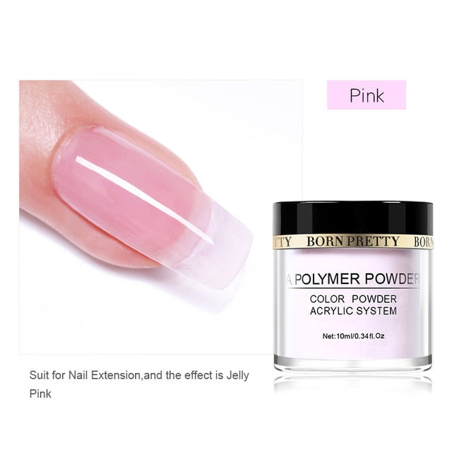 BORN PRETTY Polvo de acrílico transparente blanco rosado 10ml Extensión de la punta Polvo de polímero de uñas francés Acrílico Cepillo Cristal Contenedor de vidrio