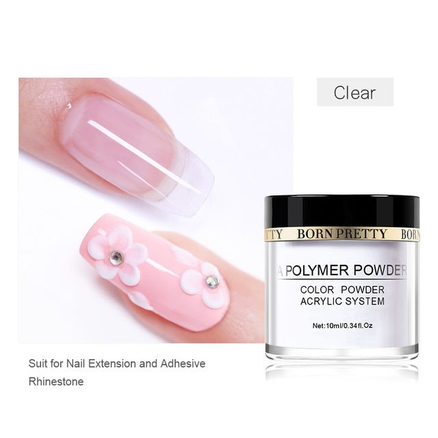 BORN PRETTY Polvo de acrílico transparente blanco rosado 10ml Extensión de la punta Polvo de polímero de uñas francés Acrílico Cepillo Cristal Contenedor de vidrio