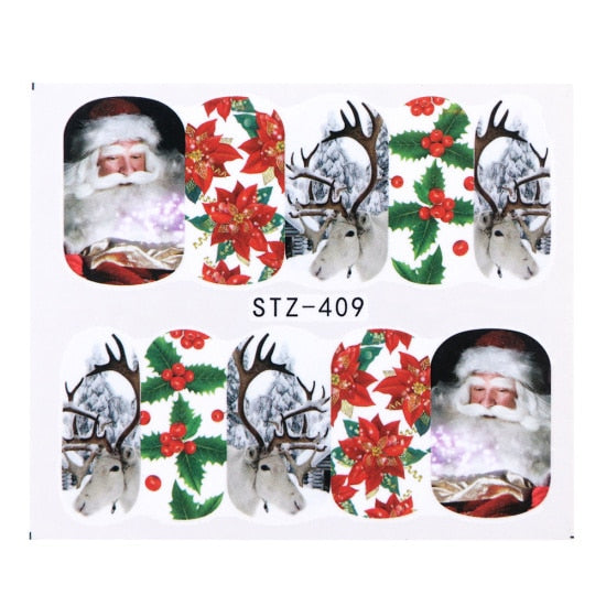 Belleza completa 1 unids Ciervos de Navidad Papá Noel Boot Bells Diseños Etiqueta Engomada del clavo Agua manicura Invierno Calcomanías completas Slider Tool STZ405-438