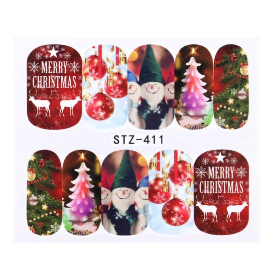 Belleza completa 1 unids Ciervos de Navidad Papá Noel Boot Bells Diseños Etiqueta Engomada del clavo Agua manicura Invierno Calcomanías completas Slider Tool STZ405-438