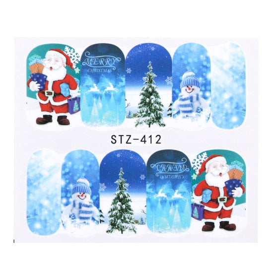 Belleza completa 1 unids Ciervos de Navidad Papá Noel Boot Bells Diseños Etiqueta Engomada del clavo Agua manicura Invierno Calcomanías completas Slider Tool STZ405-438